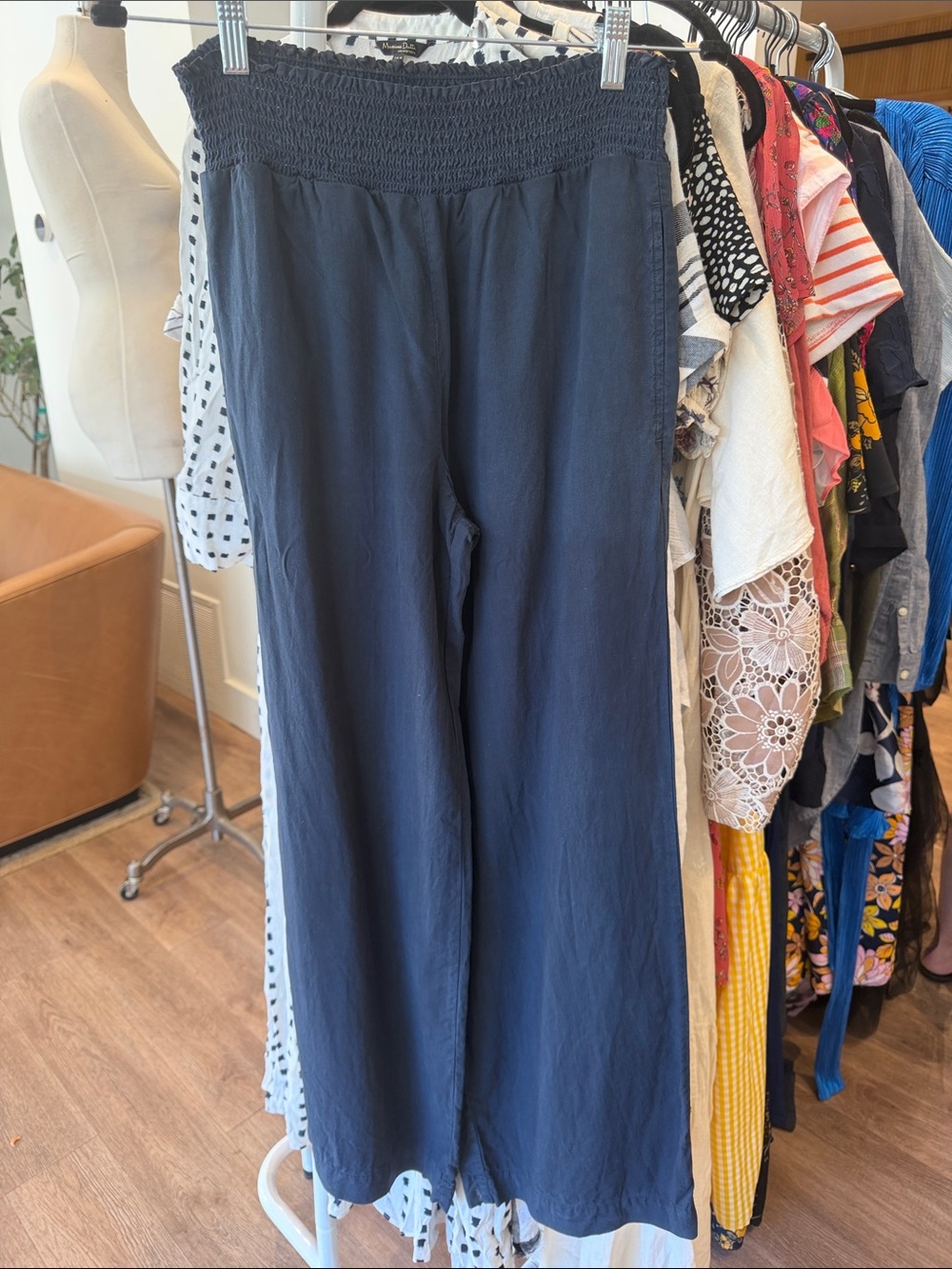 Bella Dahl Navy Blue Smocked-Waist Wide-Leg Pants
